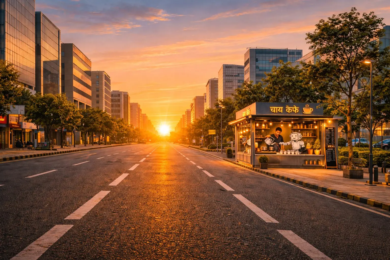 A city business district at sunset, with a person and illustrated robot working at a chai kiosk