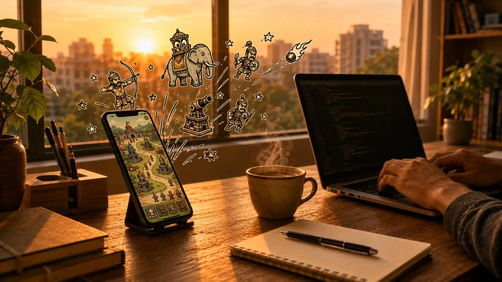 A developer's desk at sunrise with a phone showing a colorful game, hand-drawn game sprites leaping off the screen