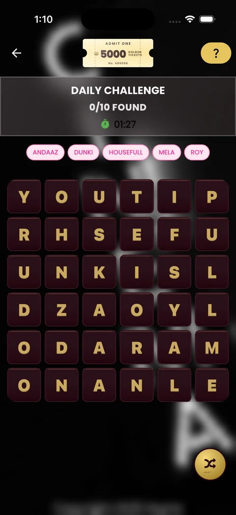 BollyWord Grid gameplay screen