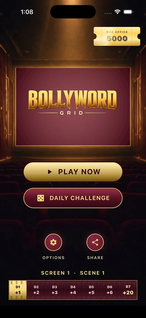 BollyWord Grid opening screen with Play Now and Daily Challenge