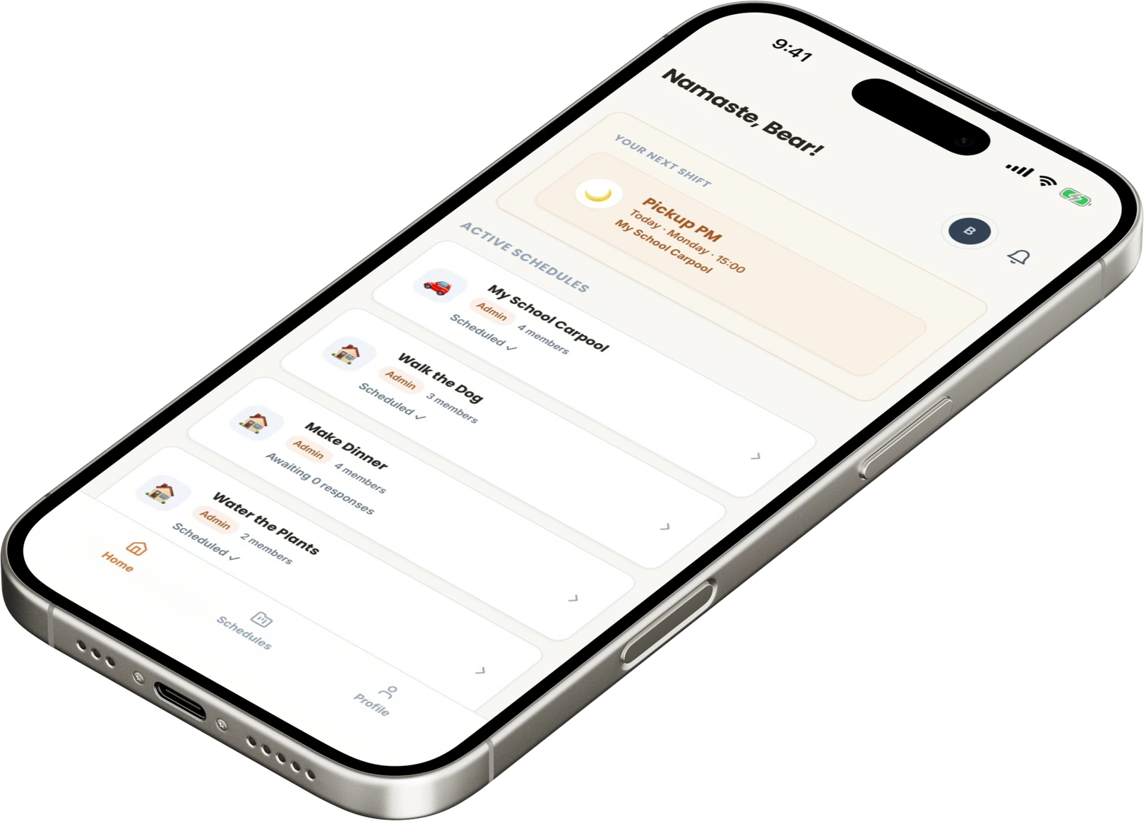 Bari dashboard showing shared schedules for school carpool, dog walks, dinner and plants