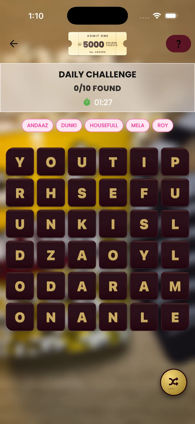 BollyWord Grid Daily Challenge showing movie names and a letter grid