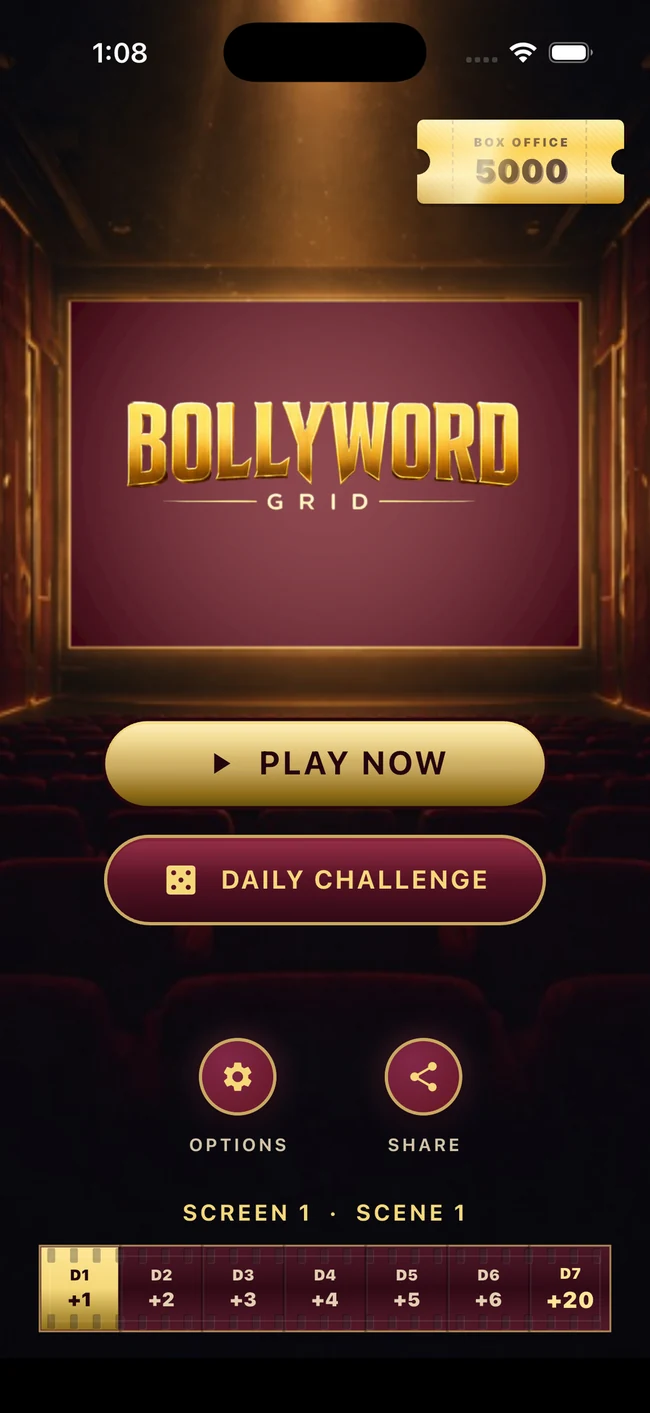 BollyWord Grid opening screen with Play Now and Daily Challenge options
